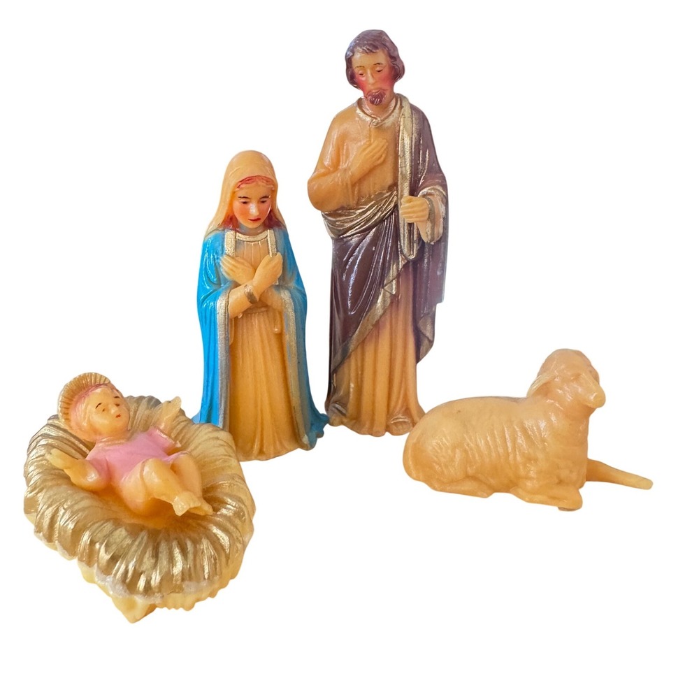 VTG Mid Century Celluloid Nativity set of 4  Holy  Baby Jesus Mary Joseph Lamb